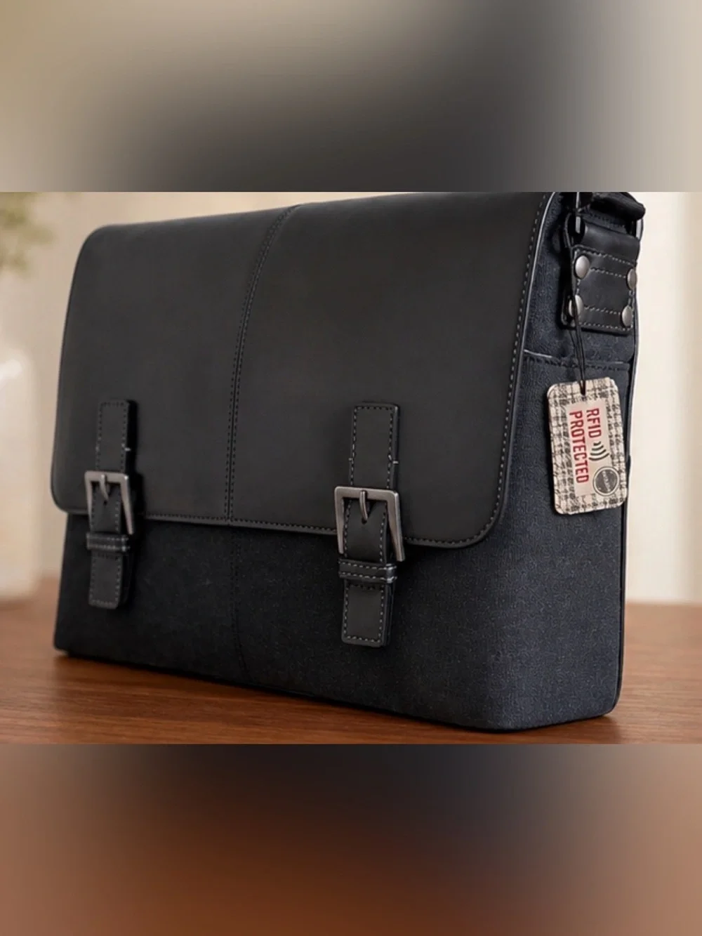 Men's Black Leather Messenger Bag with Buckle Accent